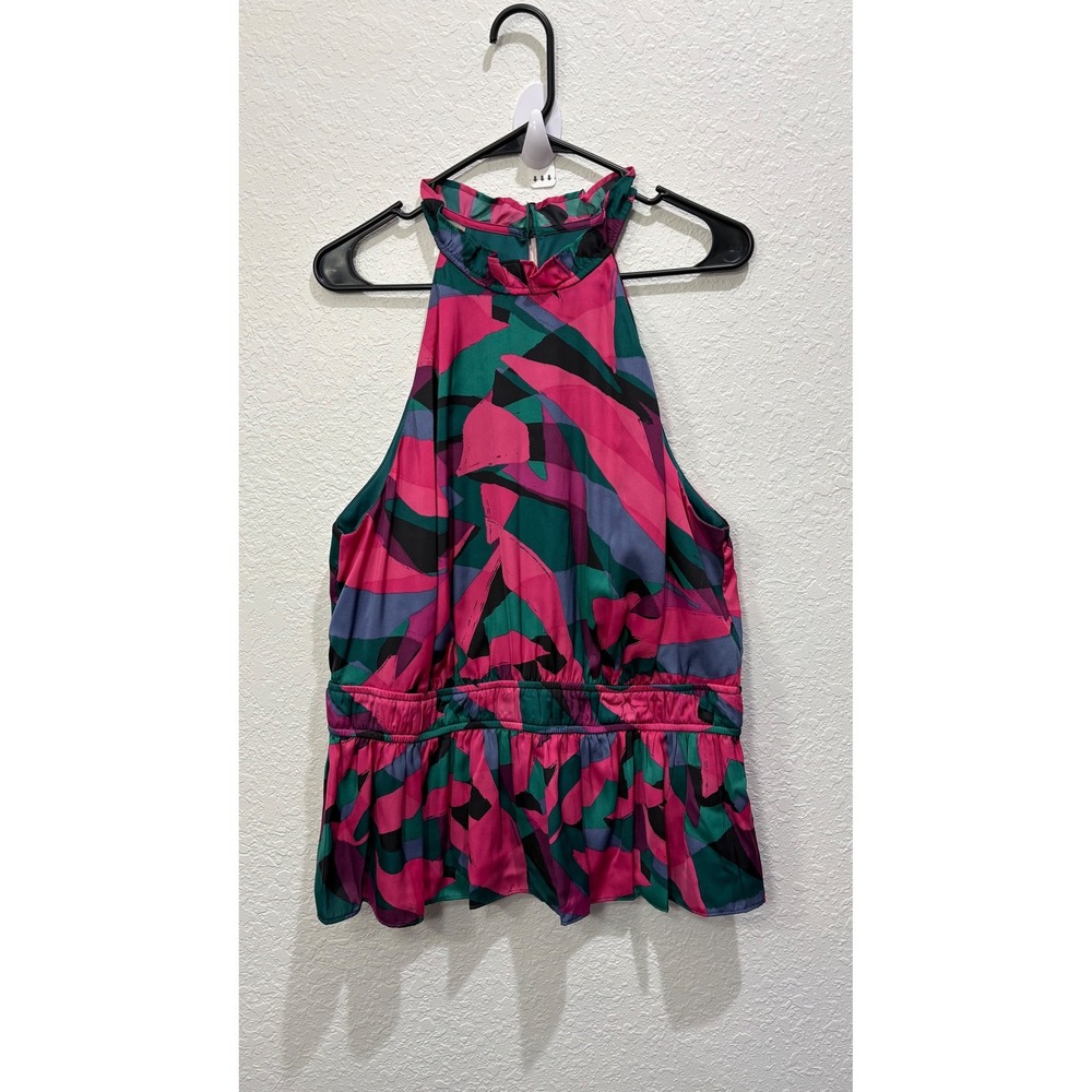 Nine West Women's Sleeveless Halter Neck Peplum Blouse XL Pink Green Sleek‎ Top